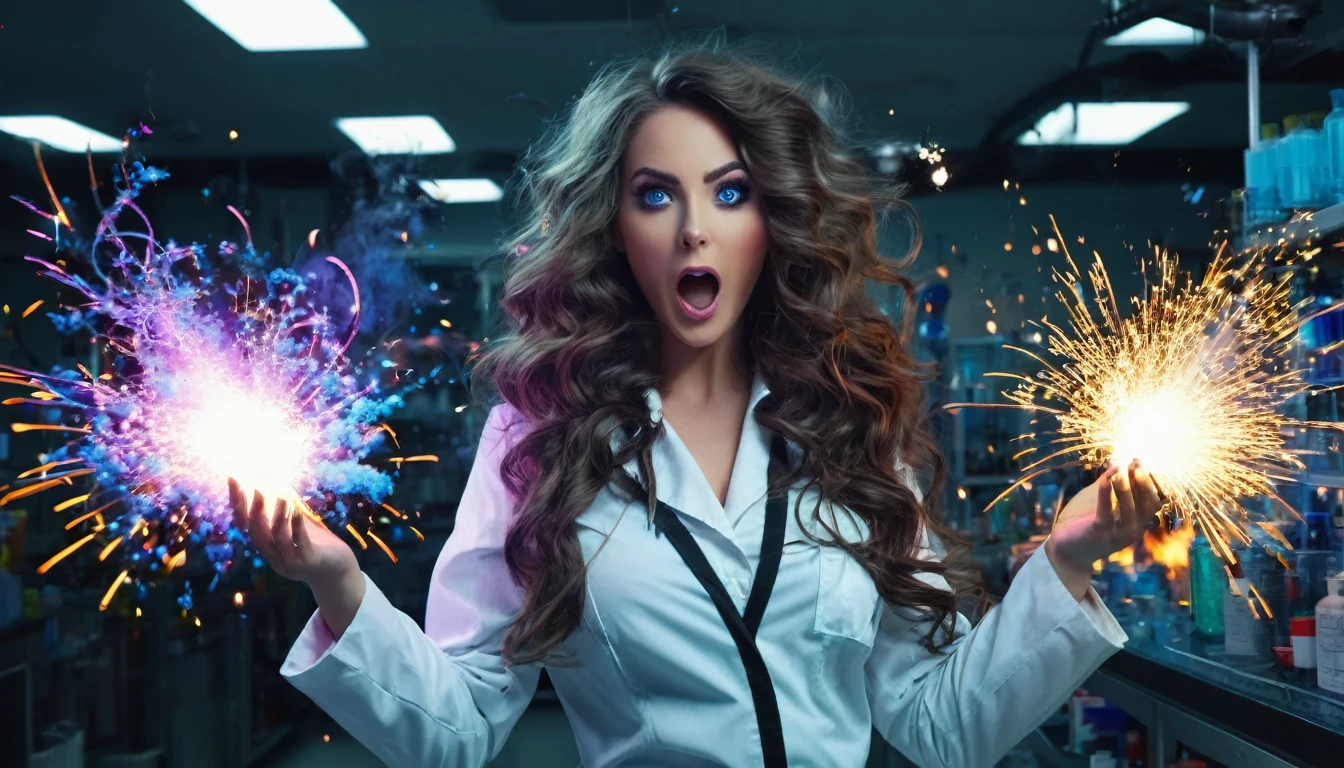 A beautiful, sexy woman with an hourglass figure, enormous , long voluminous hair, bright blue eyes, excited and having fun in a lab mixing chemicals causing sparks and miniature explosions mad scientist style, wearing a revealing lab coat, lace panties and bra, hyper realistic, 8k, vibrant colors, sharp crisp image