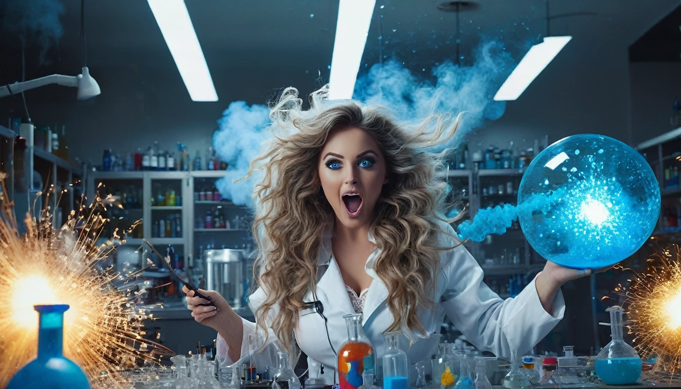 A beautiful, sexy woman with an hourglass figure, enormous , long voluminous hair, bright blue eyes, excited and having fun in a lab mixing chemicals causing sparks and miniature explosions mad scientist style, wearing a revealing lab coat, lace panties and bra, hyper realistic, 8k, vibrant colors, sharp crisp image