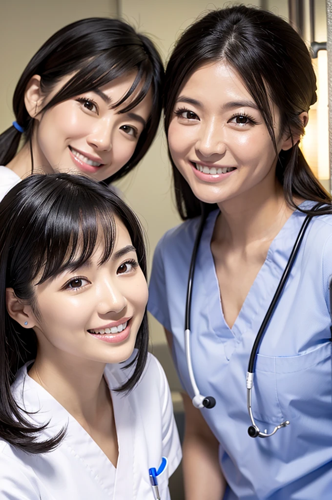 Dental hygienist, two women, smiling, wearing white medical scrubs, white only Japanese Black hair, early 20s female Upper body close-up Don't press your face too much Harmony々