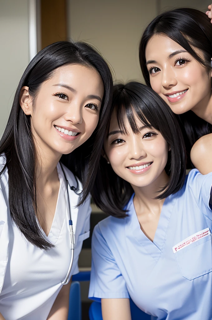 Dental hygienist, two women, smiling, wearing white medical scrubs, white only Japanese Black hair, early 20s female Upper body close-up Don't press your face too much Harmony々
