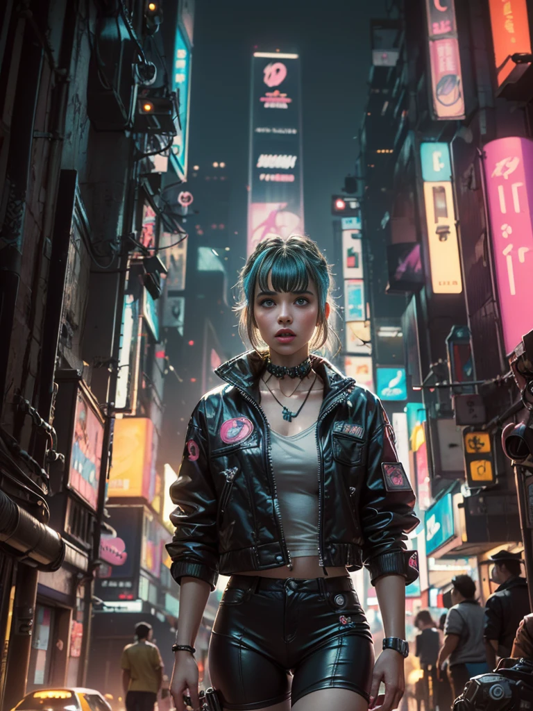 ((Masterpiece stunning Anime illustration)), ((extremely delicate and beautiful cybernetic girl)), ((highly detailed face)), ((mechanical limb, mechanical vertebrae)), ((mechanical cervical attaching to neck)), (wires and cables attaching to neck:1.2), ((mass of wires and cables on head)), ((wearing colorful Harajuku tech jacket with logo)), (dynamic pose), ((cowboy shot)), (masterpiece), (((best quality))), ((ultra-detailed)), (highly detailed photorealistic CG illustration), cinematic lighting, science fiction, extremely detailed,colorful,highest detail, (((cyberpunk city background, (Blade Runner), Harajuku district))), NSFW