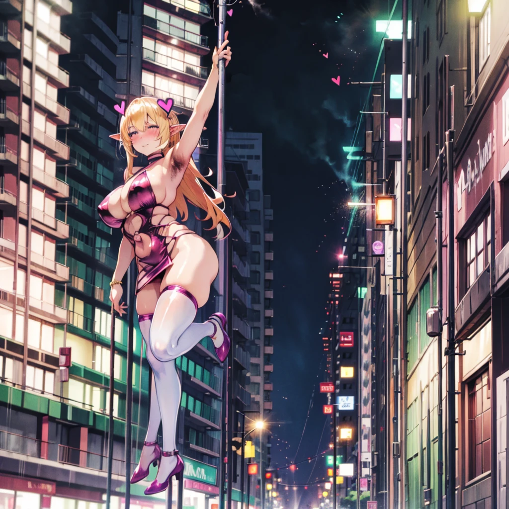 standing, elf, blonde hair, pointy ears, blue eyes, long hair, armpit hair, hairy armpits, blonde armpit hair, armpit hair peek, masterpiece, 4k, high quality, large breasts, city, alleyway, night, buildings, blurry background, blush, full-faced blush, seductive smile, latex, bodycon, bodycon dress, slut, bimbo, breath, heavy breathing, steam, steaming body, steamy, hot, 1girl, spoken heart, hearts, choker, thigh highs, latex thigh highs