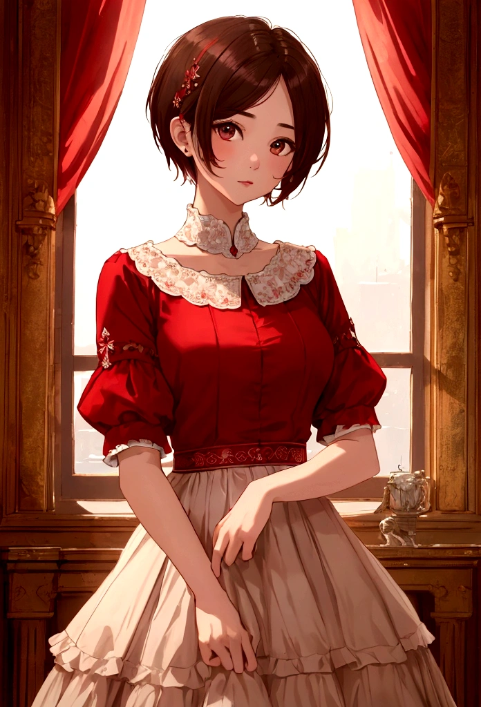 (in 8K、top-quality、masterpiece:1.2)、1 girl、short-haired、Hair short、Brown-skinned、red view、