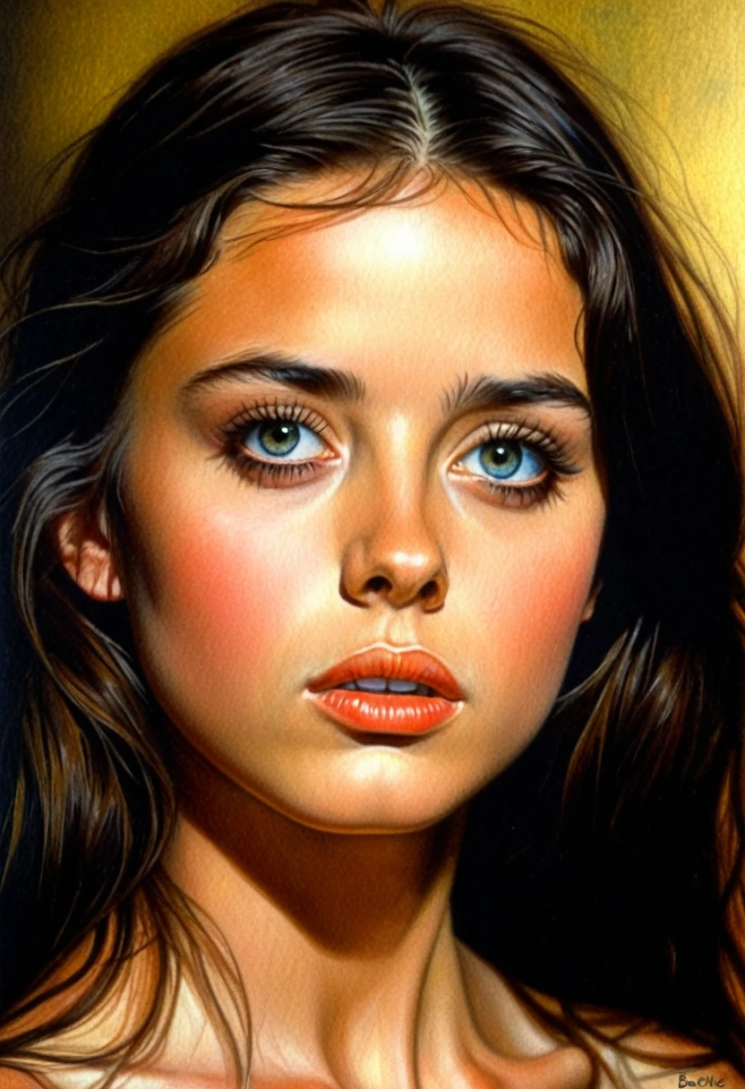 Masterpiece, close-up, face view, no_clothes, natural, naked, detailed eyes, detailed small breasts, detailed ,
color pencil drawing of a very beautiful sad young woman, 20 year old woman, long dark hair.
bottom-up view, magic in motion, cinematography,
dark colors, romanticism, style of artists such as,
Bernie Wrightson, Jarek Kubicki, Gabriele Dell' Otto, Darek Zabrocki
(colored pencil drawing with halftones):1.5