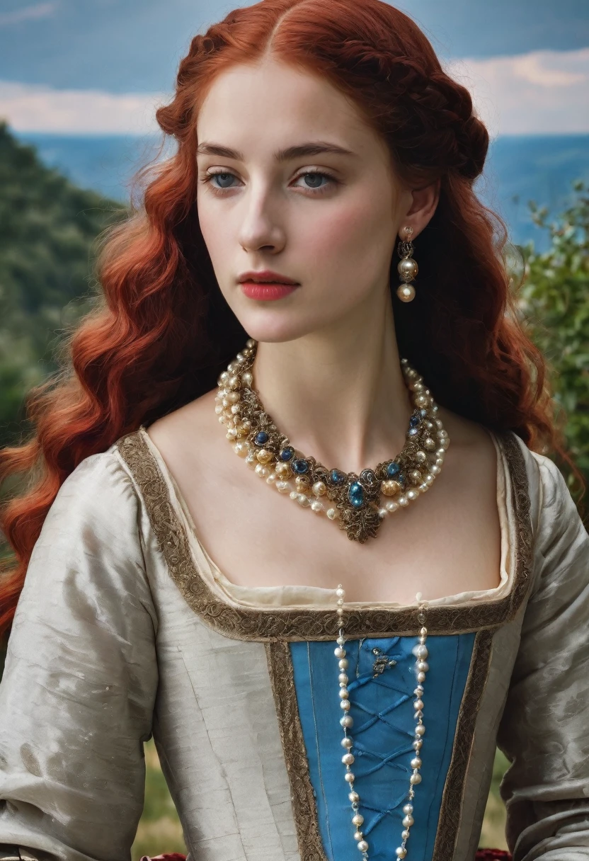 young woman(23 years old). Bright red, Wavy hair, braided(in the manner of Lucrezia Borgia или на манер таргариенов), pearl earrings in the ears, necklace of pearls on the neck. Eyes sky blue. Брови рыжие и Light, very thin and curved. The skin is pale, she has freckles. Elongated face, oval shape. Dress in Renaissance or Middle Ages style, in the manner of Lucrezia Borgia. Mouth wide, and your lips are full. Брови very thin and curved, Light. одета в платье in the manner of Lucrezia Borgia. Realism style.