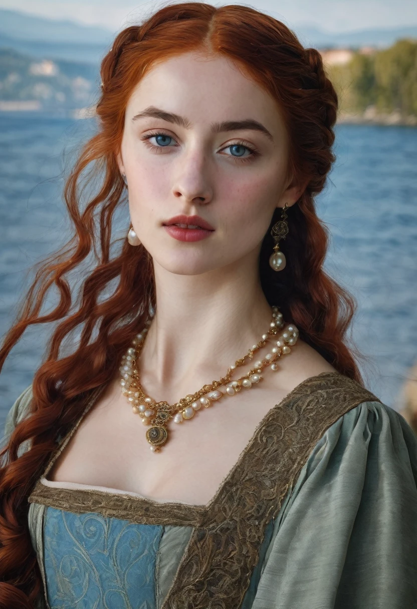 young woman(23 years old). Bright red, Wavy hair, braided(in the manner of Lucrezia Borgia или на манер таргариенов), pearl earrings in the ears, necklace of pearls on the neck. Eyes sky blue. Брови рыжие и Light, very thin and curved. The skin is pale, she has freckles. Elongated face, oval shape. Dress in Renaissance or Middle Ages style, in the manner of Lucrezia Borgia. Mouth wide, and your lips are full. Брови very thin and curved, Light. одета в платье in the manner of Lucrezia Borgia. Realism style.