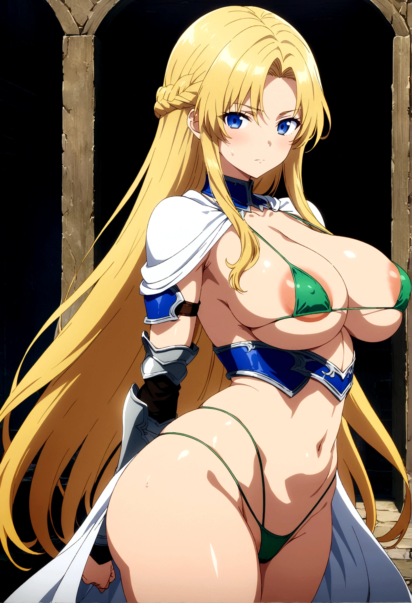 score_9, score_8_up, score_7_up,,BREAK source_anime, from side,,breast front view,standing,,medium shot,looking_at_viewer,1girl, celes chere, final fantasy.blonde hair, blue eyes, (ultra micro bikini,green bikini),large breasts,cleavage,pointy breasts,areolae peek,, white cape, vambraces,bracer, very long hair, bangs, closed mouth,.tundere,,, (best quality),(aesthetic,very aesthetic),masterpiece, highres, (anime screenshot:0.5),contrapost,graceful posture,lean but curvy body, slender waist, round hips, willowy limbs,arms in sides,