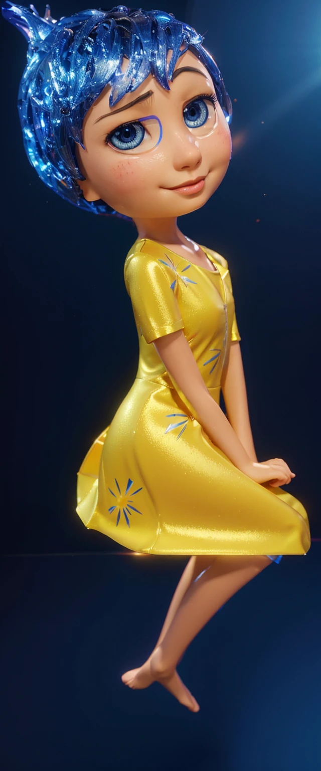 The image features a 3D animated female character standing against a blue background. She is wearing a yellow dress with a blue pattern on it, smooth 3d model, glossy plastic texture, multiple light sources, rim light, sharp post effects render, most beautiful vfx, , realistic, 4k, high resolution, rim light, smooth 3d model. ,  glossy texture, smooth 3d model, multiple light sources, rim light, sharp post effects render, (glossy plastic texture with multiple big light probe refractions), perfect cgi,   reflective, best quality, 4k, masterpiece:1.2, ultra-detailed, realistic, vivid colors, The image of the highest quality, ensuring every detail showcased perfectly. It in 4k resolution, allowing viewers to immerse themselves in the richness of the colors and intricate details. The realistic rendering. under the spotlight, reflecting, high-resolution image, realistic rendering