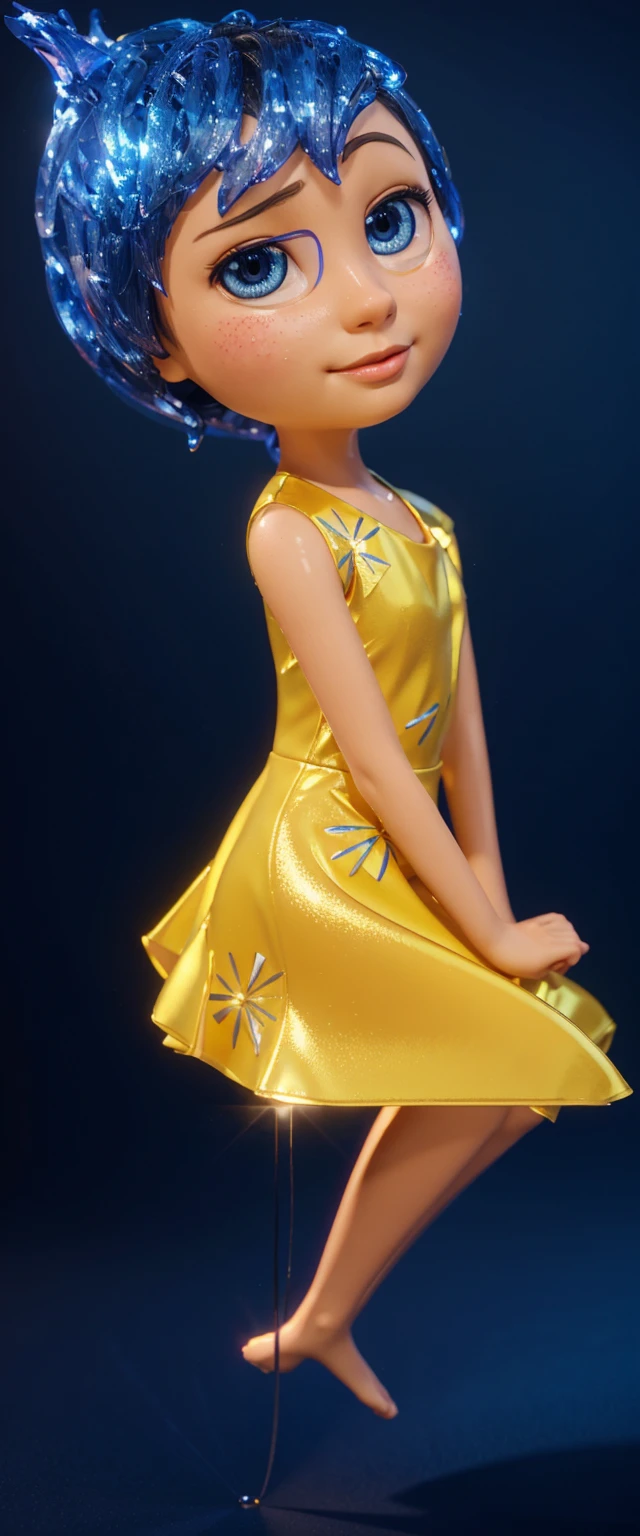 The image features a 3D animated female character standing against a blue background. She is wearing a yellow dress with a blue pattern on it, smooth 3d model, glossy plastic texture, multiple light sources, rim light, sharp post effects render, most beautiful vfx, , realistic, 4k, high resolution, rim light, smooth 3d model. ,  glossy texture, smooth 3d model, multiple light sources, rim light, sharp post effects render, (glossy plastic texture with multiple big light probe refractions), perfect cgi,   reflective, best quality, 4k, masterpiece:1.2, ultra-detailed, realistic, vivid colors, The image of the highest quality, ensuring every detail showcased perfectly. It in 4k resolution, allowing viewers to immerse themselves in the richness of the colors and intricate details. The realistic rendering. under the spotlight, reflecting, high-resolution image, realistic rendering