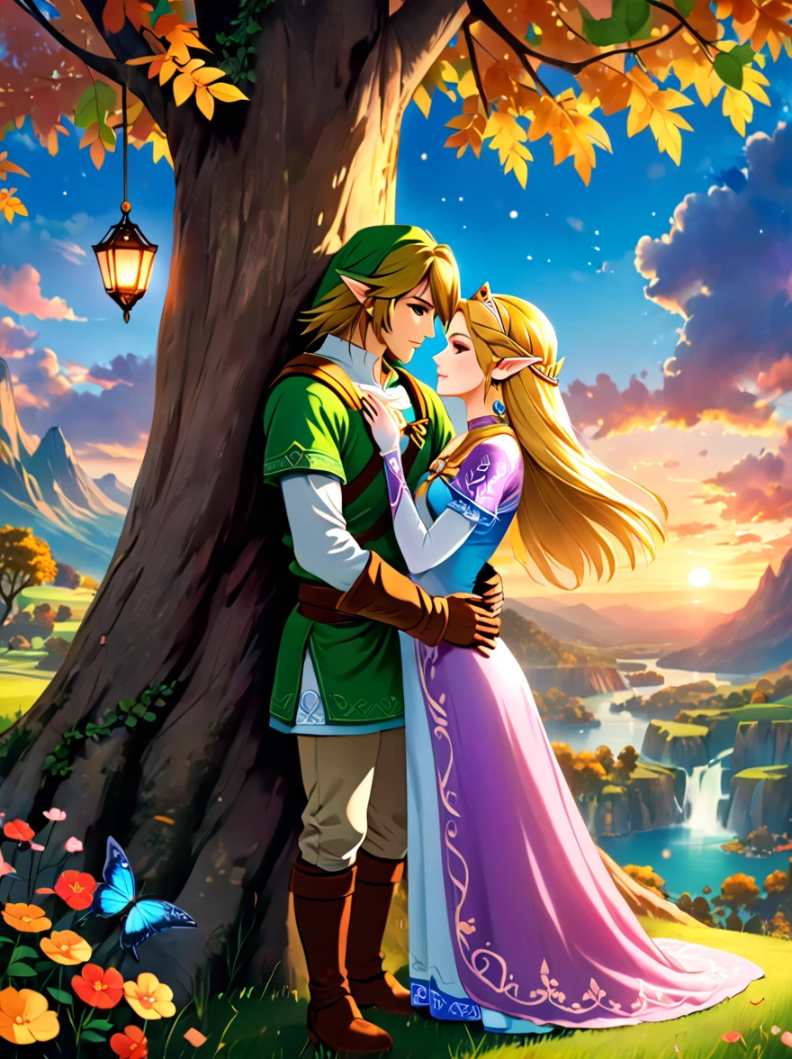 (Best quality，8K，Ultra-high resolution，masterpiece)，Super Fine，illustration，Princess Zelda，Link，Couple，Love，Embrace，under the tree，fantasy，(the legend of zelda)，beautiful eyes，Beautiful lips，Super Fine的眼睛和脸，Long eyelashes，Long hair，romantic，close，Warm Lights，Prime Time，color，Fantasy Art，thrilling，epic