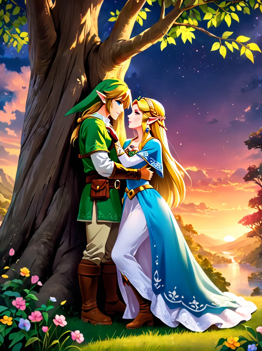 (Best quality，8K，Ultra-high resolution，masterpiece)，Super Fine，illustration，Princess Zelda，Link，Couple，Love，Embrace，under the tree，fantasy，(the legend of zelda)，beautiful eyes，Beautiful lips，Super Fine的眼睛和脸，Long eyelashes，Long hair，romantic，close，Warm Lights，Prime Time，color，Fantasy Art，thrilling，epic