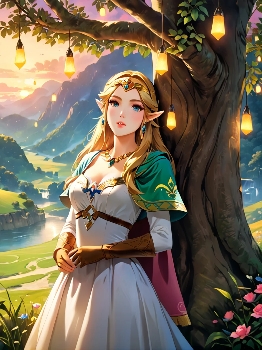 (Best quality，8K，Ultra-high resolution，masterpiece)，Super Fine，illustration，Princess Zelda，Link，Couple，Love，Embrace，under the tree，fantasy，(the legend of zelda)，beautiful eyes，Beautiful lips，Super Fine的眼睛和脸，Long eyelashes，Long hair，romantic，close，Warm Lights，Prime Time，color，Fantasy Art，thrilling，epic