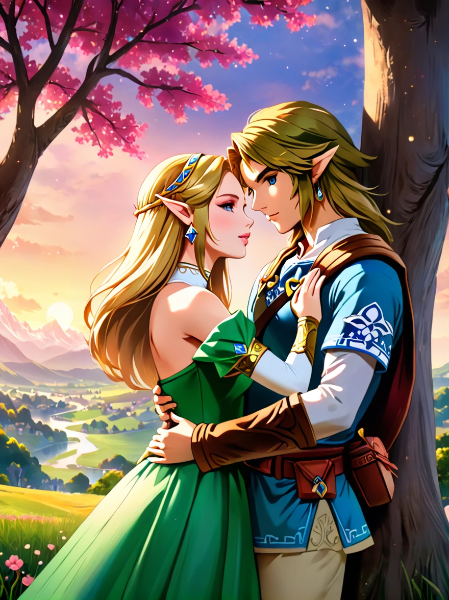 (Best quality，8K，Ultra-high resolution，masterpiece)，Super Fine，illustration，Princess Zelda，Link，Couple，Love，Embrace，under the tree，fantasy，(the legend of zelda)，beautiful eyes，Beautiful lips，Super Fine的眼睛和脸，Long eyelashes，Long hair，romantic，close，Warm Lights，Prime Time，color，Fantasy Art，thrilling，epic