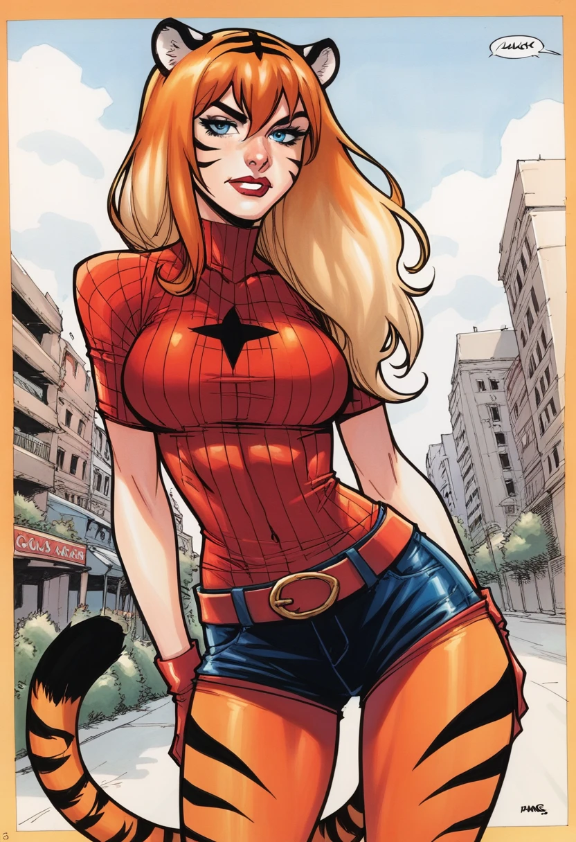 score_9, score_8_up, score_7_up, score_6_up, score_5_up, score_4_up, BREAK source_anime,rating_risky,humb3rt0, a girl, curvy, pale skin, cop outfit, human face and body, tiger ears, tiger tail, stern expression, thick thighs, shorts, tight clothing, bold comic style, city background, blue clothes with orange highlights
