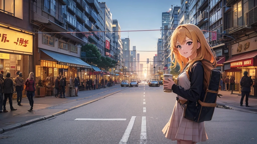 An anime girl walking confidently through a bustling city street at sunrise, holding a guitar case in one hand. She is wearing a casual yet stylish outfit, with a joyful and determined expression on her face. Her hair flows gently in the morning breeze as she moves through the cityscape. The background features tall buildings, neon signs, and the vibrant energy of the city coming to life. The streets are filled with the first light of dawn, casting a warm, golden hue over everything, symbolizing new beginnings and endless possibilities. The girl is surrounded by the hustle and bustle of city life, yet she stands out with her unique presence and passion. The atmosphere is filled with a sense of excitement, adventure, and the thrill of chasing dreams, with dynamic lighting highlighting her journey. The overall mood is one of resilience, freedom, and the unstoppable pursuit of dreams in an urban environment.
