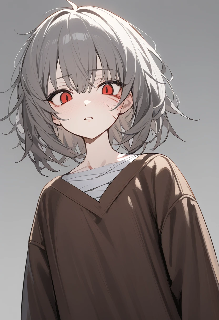 1 girl, alone, adolescent, Brown leather, broad, Short and messy hair, Red eyes, large eyes, stoic, standing, (long shirt only), (Gray background, simple background), Upper part of the body, Masterpiece, Best Quality, dynamic angle, Flushed face, wounds, with bandages
