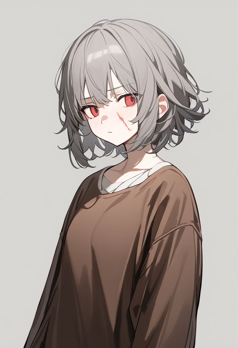 1 girl, alone, adolescent, Brown leather, broad, Short and messy hair, Red eyes, large eyes, stoic, standing, (long shirt only), (Gray background, simple background), Upper part of the body, Masterpiece, Best Quality, dynamic angle, Flushed face, wounds, with bandages