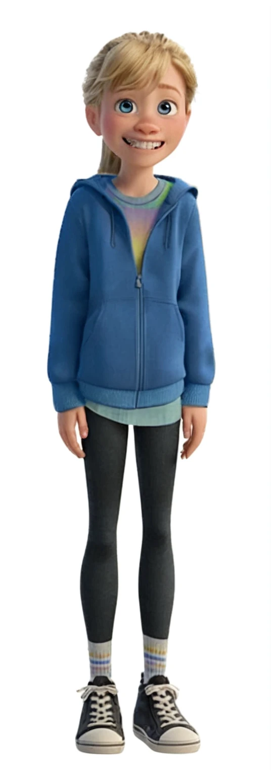 a disney pixar character of a girl in a blue jacket and black pants,wearing a blue hoodie,blonde hair,blue eyes,ponytail,angry look,braces,(best quality,4k,8k,highres,masterpiece:1.2),ultra-detailed,(realistic,photorealistic,photo-realistic:1.37),pixar style,emotional expression,dynamic pose