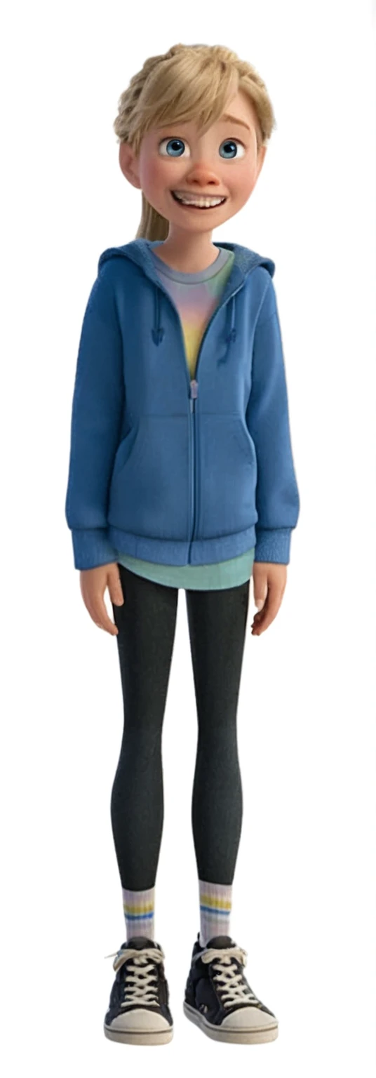 a disney pixar character of a girl in a blue jacket and black pants,wearing a blue hoodie,blonde hair,blue eyes,ponytail,angry look,braces,(best quality,4k,8k,highres,masterpiece:1.2),ultra-detailed,(realistic,photorealistic,photo-realistic:1.37),pixar style,emotional expression,dynamic pose