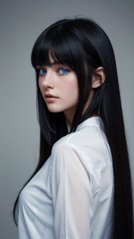 Highest quality, Soft Light, Ultra-high resolution,young woman, alone, (Grim face), (Blue eyes),Black Hair, Very long hair,Long Bangs,Beautiful face in every detail,(High resolution detail of human skin texture),White shirt,whole body,look back
