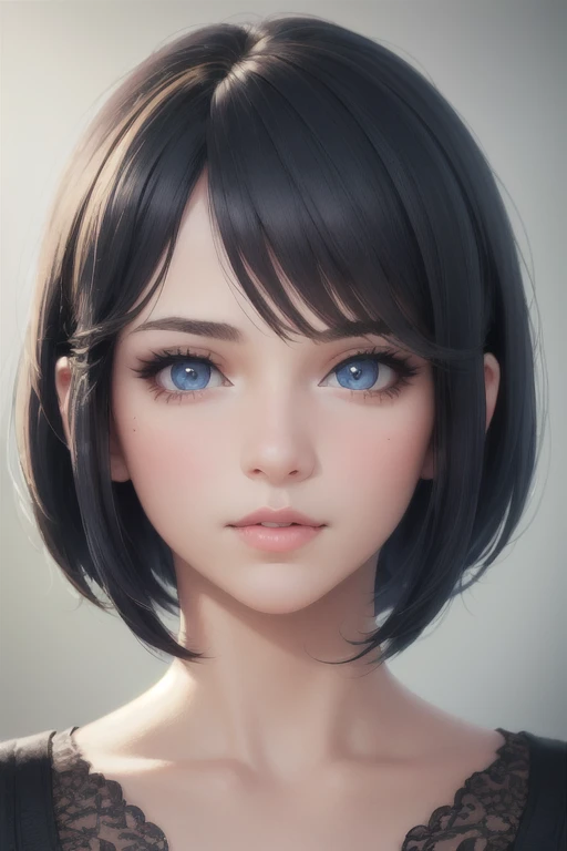 girl,Character design sheet,Beautiful attention to detail,Beautiful lip detail,Highly detailed eyes and face,Long eyelashes,Realistic,photoRealistic:1.37,Super detailed,Professional,Vibrant colors,Portraiture,Studio Lighting,Sharp focus,Physically Based Rendering,High resolution,超High resolution. blue eyes, Bob Cut Hair,
