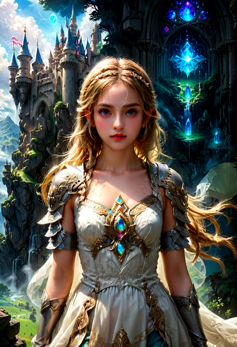 1girl, Princess Zelda, The Legend of Zelda, A highly detailed fantasy landscape,rolling hills,lush forests,medieval castle,ancient ruins,glowing magical crystals,dramatic lighting,epic adventure,beautiful detailed eyes,extremely detailed face and intricate outfit,stunning digital art,cinematic composition,vibrant colors,dramatic lighting,fantasy art,concept art,ultra-detailed,8k,professional, masterpiece, best quality, very aesthetic, absurdres