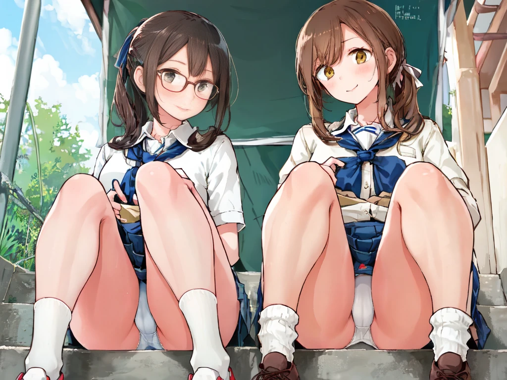 Highest quality, Ultra-high resolution, (Realistic: )2D official style cel animation,((２Girls sitting in a row))、brown、ponytail、White Big Ribbon、Glasses、Blue Check Mini Skirt,Summer Shirts,Unbutton、(Lace panties),loose socks,sneakers,Full body portrait,(From below),Station stairs,sunny,Spread your legs、from the front、blush、shut up、