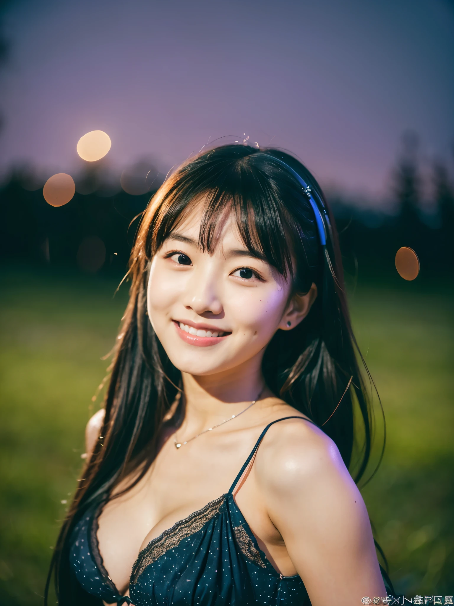 A very cute face like an idol、One 20-year-old woman with a youthful appearance、Smile a little、(Cleavage)、((Beautiful starry sky at night))、(((F/1.0mm, fujifilm G FUX50R, In Reg)))、((Very dim lighting))、((Long-distance shot))、RAW Photos、Genuine、live-action、(Artistic Expression)、High resolution、masterpiece