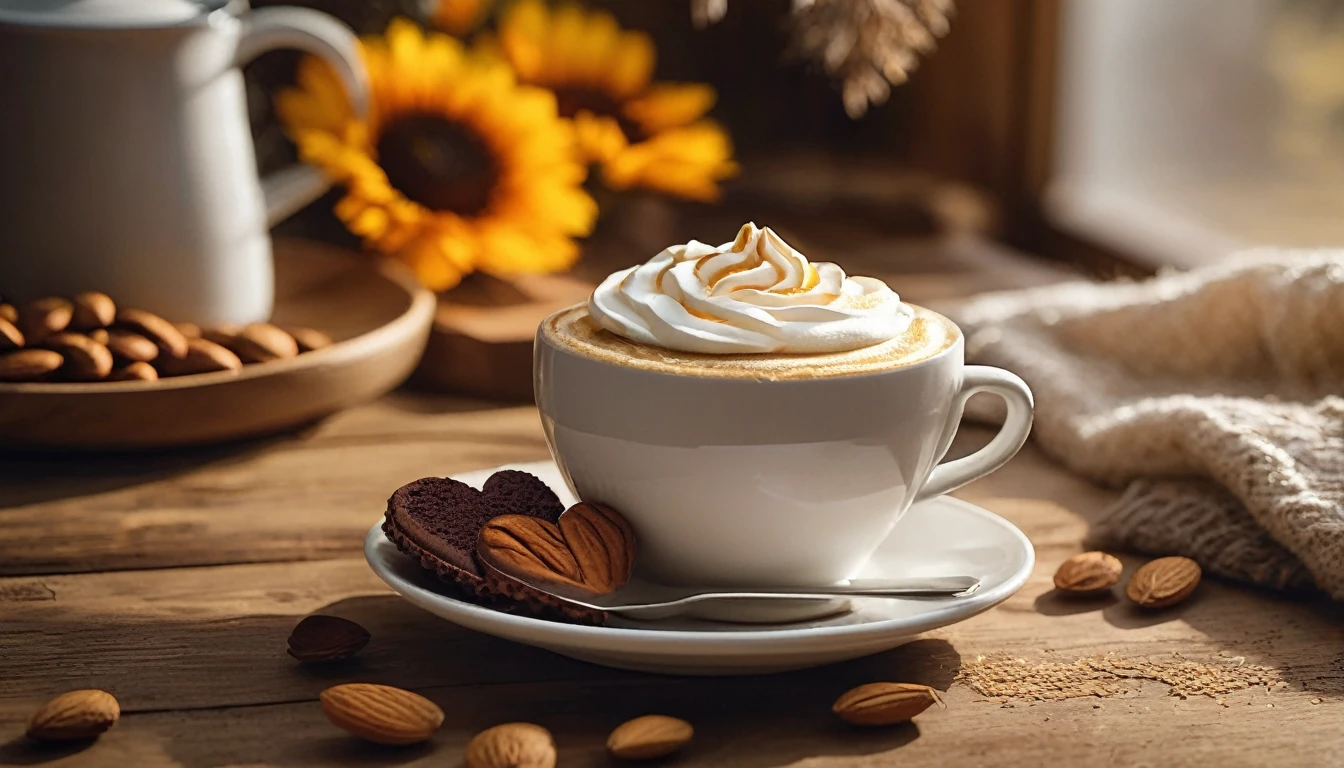 Create an image of a cozy fall-themed atmosphere featuring a one white cup with heart-shaped latte art on it, placed on a wooden table surface. beside the cup, there was a piece of cake layered with white cream,there are some whole and shelled almonds, adding to the warm and inviting atmosphere. This scene is bathed in soft sunlight