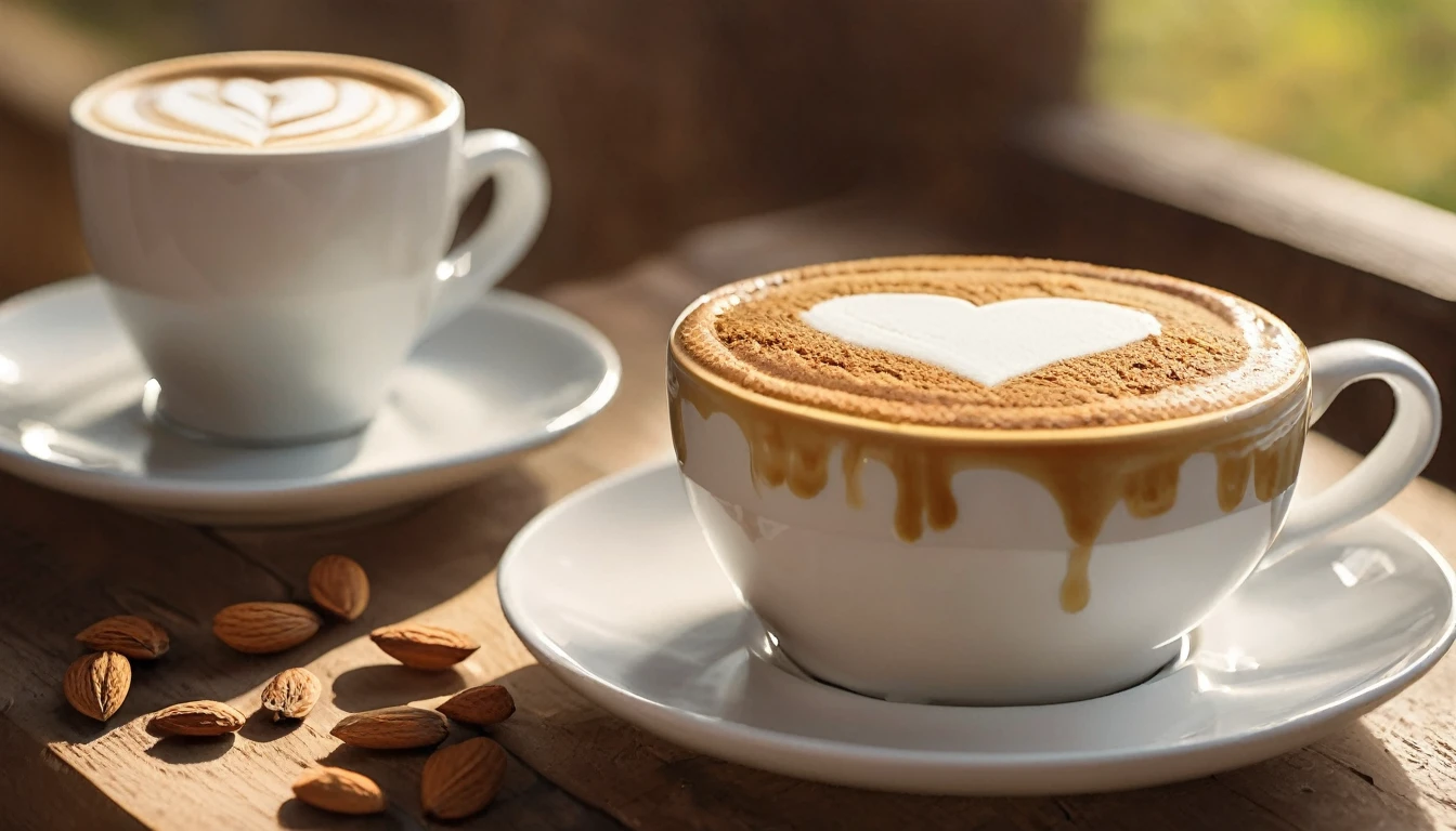 Create an image of a cozy fall-themed atmosphere featuring a one white cup with heart-shaped latte art on it, placed on a wooden table surface. beside the cup, there was a piece of cake layered with white cream,there are some whole and shelled almonds, adding to the warm and inviting atmosphere. This scene is bathed in soft sunlight