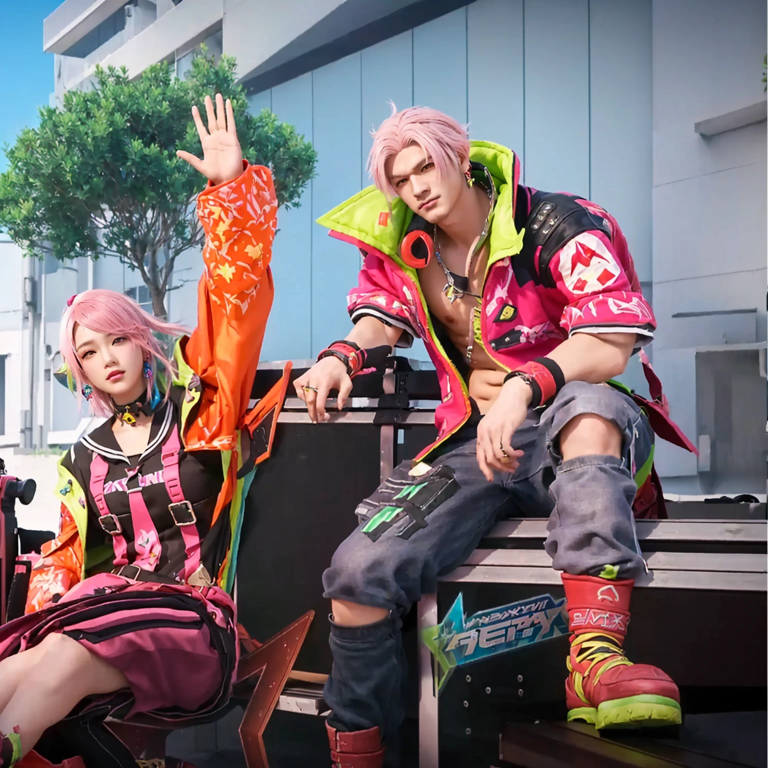 there are two people sitting on a bench with pink hair, style game square enix, as a character in tekken, sakimichan and frank franzzeta, from ncsoft, nixeu and sakimichan, game cg, style game square enix life, decora inspired, medium shot of two characters, key art, jrpg aztec street fashion