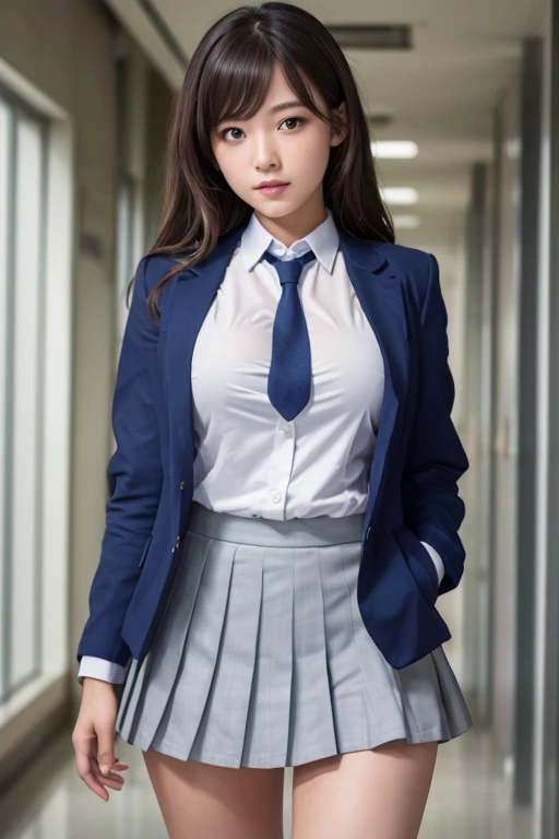 8K, Highest quality, The real picture, Intricate details, Very detailed, Ultra-high resolution, Depth Field,(Realistic,Realistic:1.2),Tabletop , Front shot , From the center , 1 Girl, eye_Chan, Very beautiful 17 year old girl, 無邪気な大きなeye,、Beautiful breasts:1.5、Very detailedeye:1.2)、(Beautiful breasts:1.1)、Wavy Hair、Curly Hair、bangs、, Perfect Skin, Fair skin, Big Boobs,Cleavage, Tight waist, A slight blush, alone、 (Looking at the audience)、((School_uniform),(Dark Blue Blazer), (White shirt、Wear a tie), (Grey pleated mini skirt), Panties are visible,(Sculptural installation :1.1)、High School Hallway