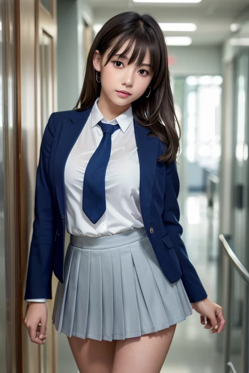 8K, Highest quality, The real picture, Intricate details, Very detailed, Ultra-high resolution, Depth Field,(Realistic,Realistic:1.2),Tabletop , Front shot , From the center , 1 Girl, eye_Chan, Very beautiful 17 year old girl, 無邪気な大きなeye,、Beautiful breasts:1.5、Very detailedeye:1.2)、(Beautiful breasts:1.1)、Wavy Hair、Curly Hair、bangs、, Perfect Skin, Fair skin, Big Boobs,Cleavage, Tight waist, A slight blush, alone、 (Looking at the audience)、((School_uniform),(Dark Blue Blazer), (White shirt、Wear a tie), (Grey pleated mini skirt), Panties are visible,(Sculptural installation :1.1)、High School Hallway