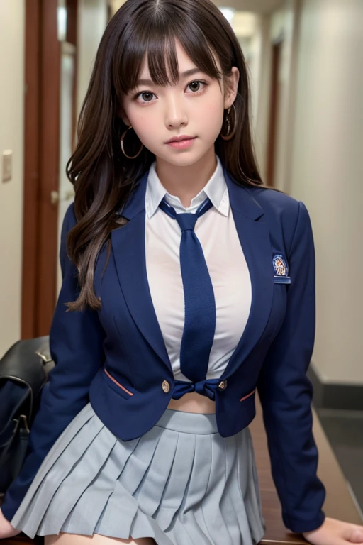 8K, Highest quality, The real picture, Intricate details, Very detailed, Ultra-high resolution, Depth Field,(Realistic,Realistic:1.2),Tabletop , Front shot , From the center , 1 Girl, eye_Chan, Very beautiful 17 year old girl, 無邪気な大きなeye,、Beautiful breasts:1.5、Very detailedeye:1.2)、(Beautiful breasts:1.1)、Wavy Hair、Curly Hair、bangs、, Perfect Skin, Fair skin, Big Boobs,Cleavage, Tight waist, A slight blush, alone、 (Looking at the audience)、((School_uniform),(Dark Blue Blazer), (White shirt、Wear a tie), (Grey pleated mini skirt), Panties are visible,(Sculptural installation :1.1)、High School Hallway