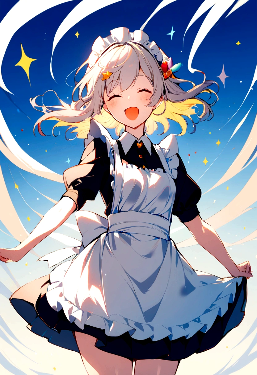 1 girl、smile、shirt、skirt、apron、hair ornaments、cream hair、maid、maidコスチューム、(small breasts)、Wind、