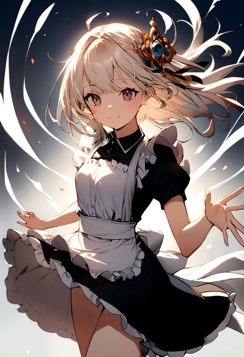 1 girl、smile、shirt、skirt、apron、hair ornaments、cream hair、maid、maidコスチューム、（small breasts）、Wind、
