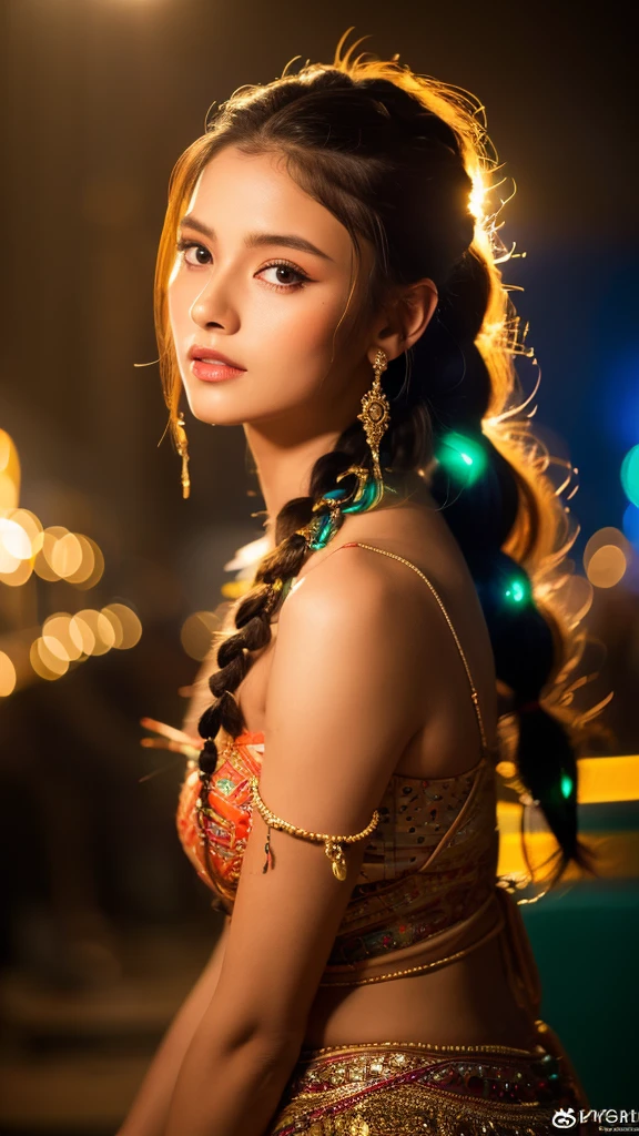 A stunning woman, elegant and brave, fashionable with long hair tied in stylish braids, party lights backlighting, playful, gritty raw photo, indian Arabian mix, (realistic, photorealistic, photo-realistic:1.4), best quality,4k,8k,highres,masterpiece:1.2,ultra-detailed,vivid colors,studio lighting,physically-based rendering,extreme detail description,professional,UHD