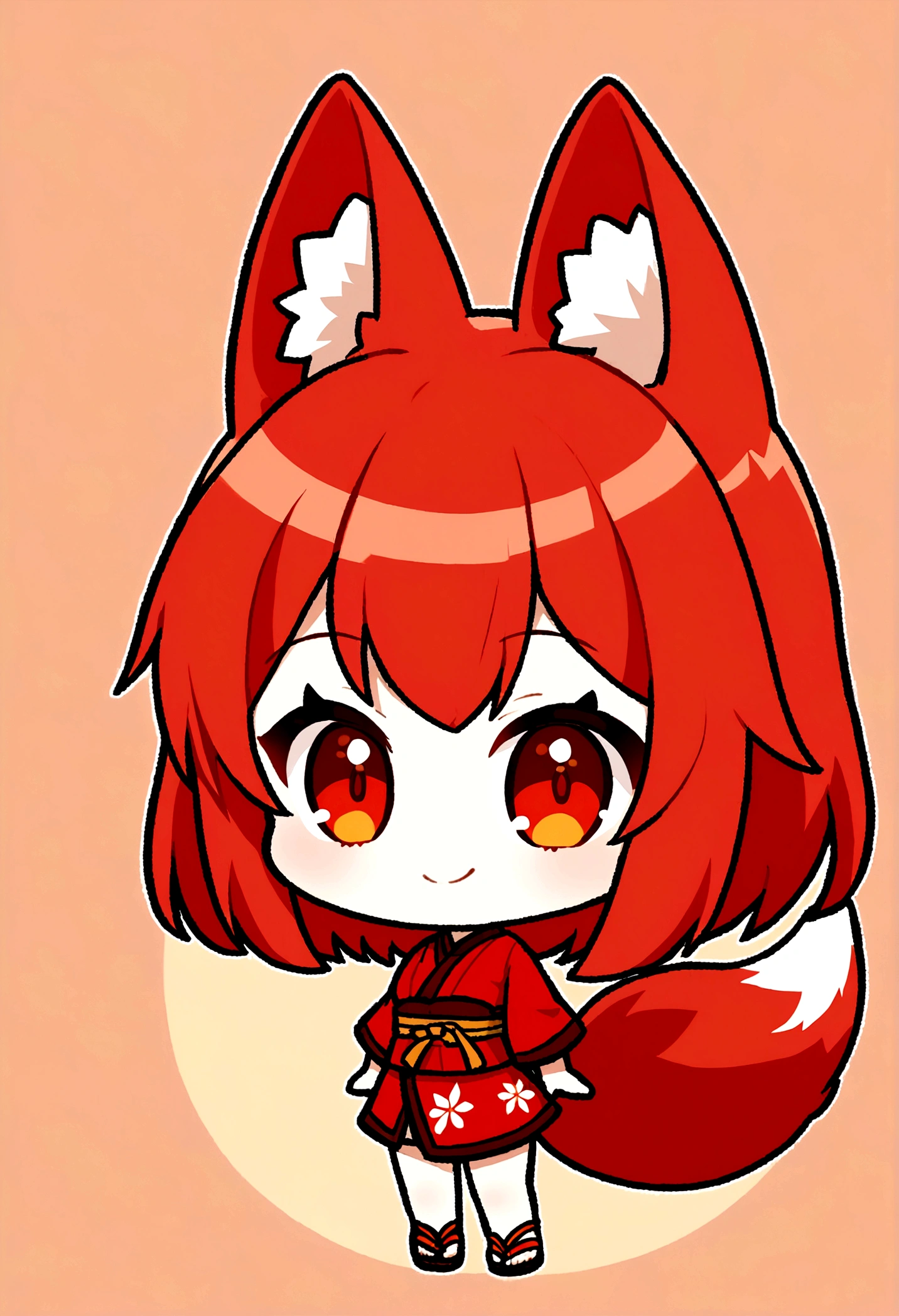 1girl, long red hair, amber eyes, fox ears, fox tail, red kimono, smile, chibi style, simple background, sandals