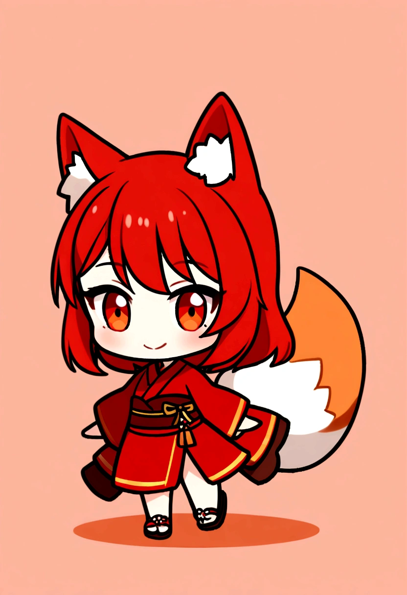 1girl, long red hair, amber eyes, fox ears, fox tail, red kimono, smile, chibi style, simple background, sandals