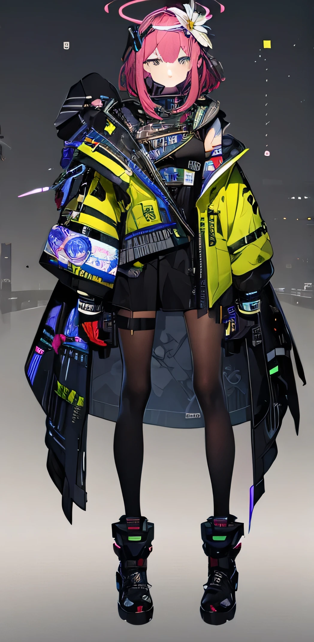 （（masterpiece：1.4，最high quality）），cyber punk、（Super detailed），Official Art，unity 8k wallpaper，Super detailed，Beautiful appearance，high quality，cute，masterpiece，最high quality，（Flat Chest），Human whole body，Character portrait，stand，White background，Longslip dresh flower，Yuri,（Black Pantyhose），Halo on head，gun，cyber punk，future、