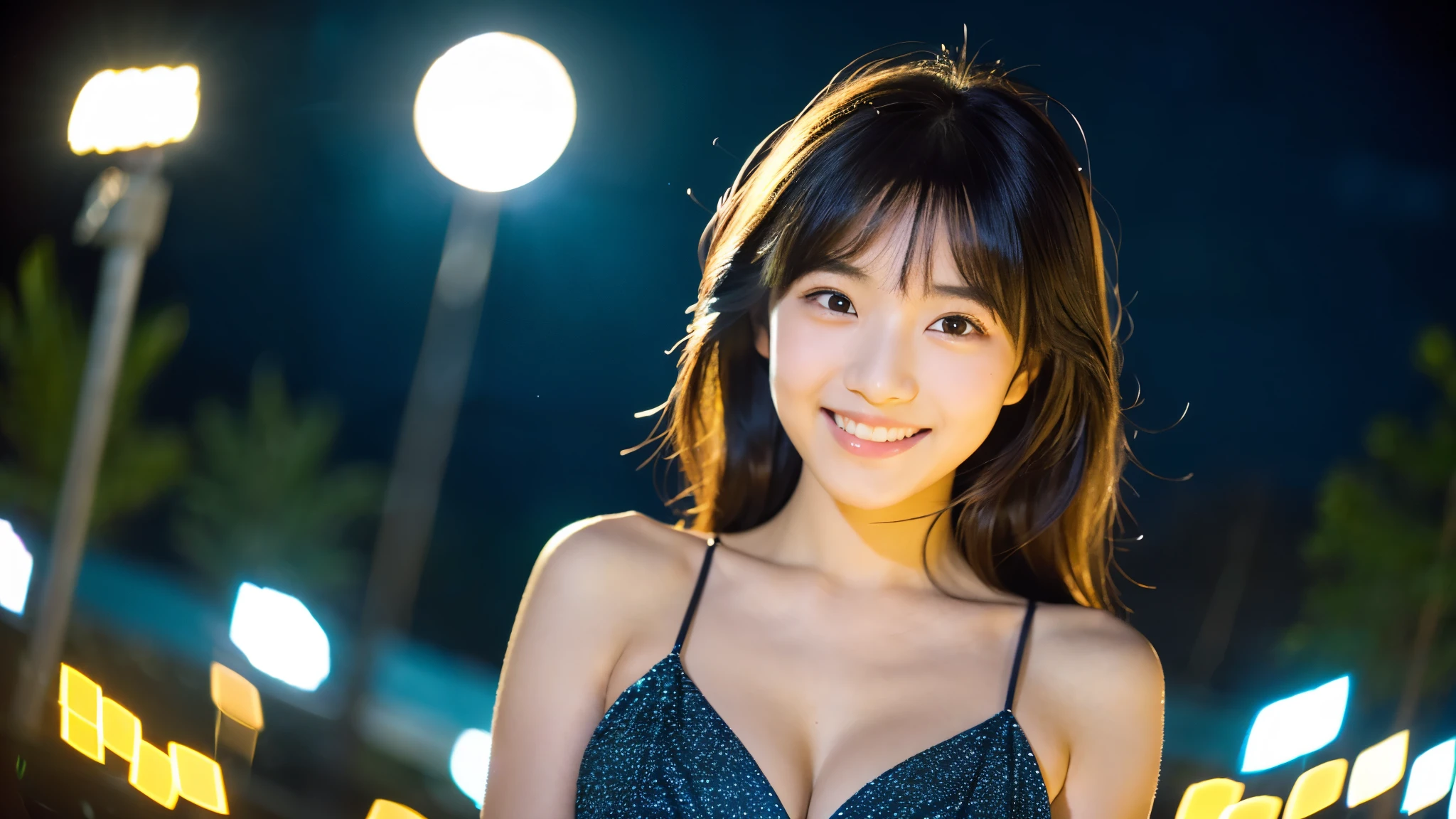 A very cute face like an idol、One 20-year-old woman with a youthful appearance、Smile a little、(Cleavage)、((Beautiful starry sky at night))、(((F/1.0mm, fujifilm G FUX50R, In Reg)))、((Very dim lighting))、((Long-distance shot))、RAW Photos、Genuine、live-action、(Artistic Expression)、High resolution、masterpiece