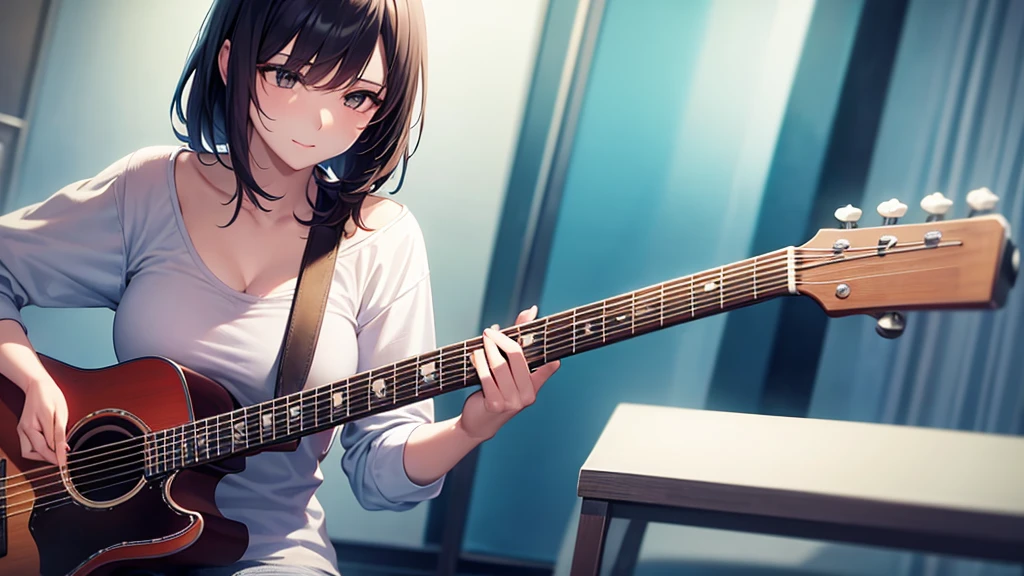 Create a picture of a woman playing guitar.