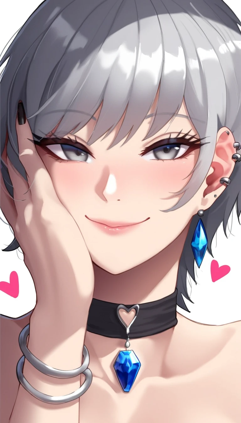 (zPDXL2), score_9_up, BREAK
solo, 1girl, short grey hair, looking at viewer, (hand on own face, hand on own cheek), (smile, closed mouth, grey eyes, piercing, ear piercing, hearts), (nail polish, fingernails, black nails), (jewelry, earrings, necklace, black choker, bangs, bracelet, gem, The Little Black Dress), simple white background, BREAK
AissistXLv2, unaestheticXL_bp5, SimplePositiveXLv2, zPDXL2 PonyXLV6_Scores