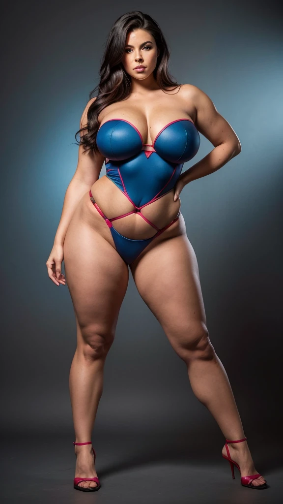 foto de uma superheroina, standing, (pink skin tone), staring overhead, eye contact, (mouth  wide open: 1,0), chubby body, Waist slender, Female One, huge and round breasts, wearing blue and red strapless leotard, (dark haired:1.2 ), venat, beautiful  face, fleshy lips, Slender Face, protruding cheekbones, brawny, No Mohrbacher artistic style, in style of peter mohrbacher.  (Thick thighs:1.2), (full body:1.5), (body shot:1.5)