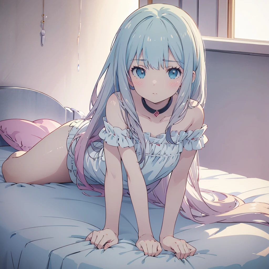 ((masterpiece)), ((Best Quality)), (Ultra-detailed), Anime 18+ style, Cute , 1girl in, Solo, 8k, lying on the bed , young girl , flat chest, bare shoulders , shy girl