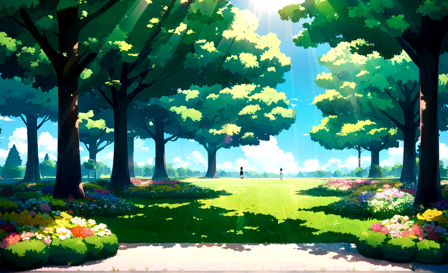 park, peaceful, anime style, lush green lawn, tall leafy trees, sunlight filtering through leaves, small patch of flowers, clear blue sky, fluffy white clouds, afternoon
