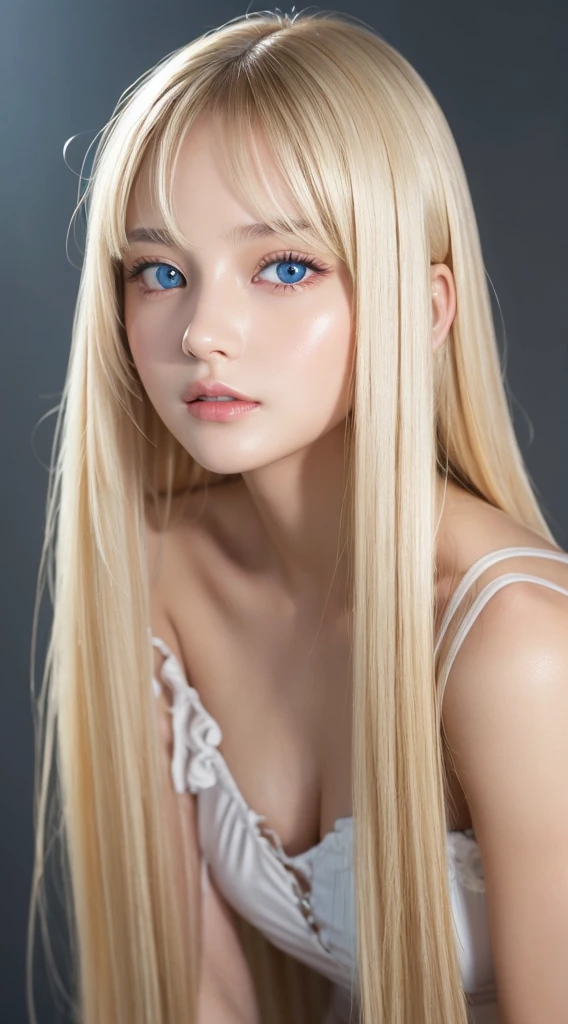 Sexy 17 year old girl with shiny blonde silky hair dazzling、cute sexy little beautiful face、Shining hair dancing in front of a beautiful and pretty face、long silky bangs covering the eyes、beautiful cute eyes、Hair that hides the face、too long straight silky hair、Sexy cute young woman、Very beautiful blue eyes、big eye、with round face、Small face beauty、White shiny skin、Gloss Face、Teak Gloss
