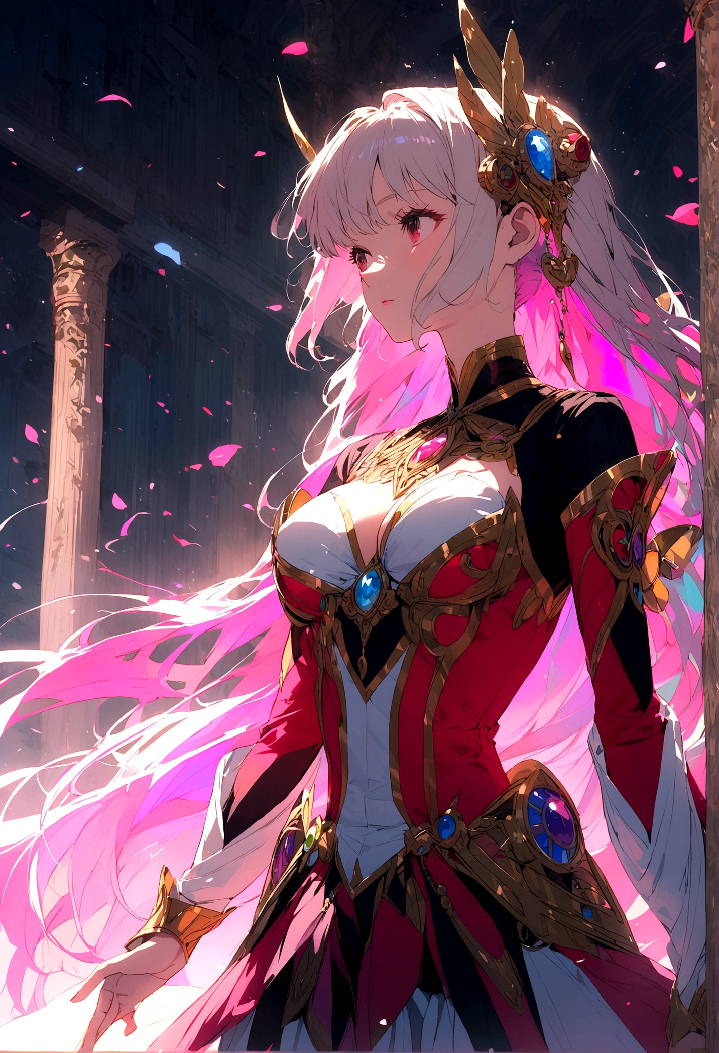 ((highest quality)),(ultra high resolution),(Super detailed),(detailed description),((best CG)),(best work of art),super precision art, great drawing art,(Art with precise details:1.5), (1 woman:1.5), beautiful and well-shaped face:1.5,(Beautiful skin with precise and detailed depiction:1.6),(Very precisely depicted sleeveless blouse and long frilly skirt),provocative angle:1.6,gorgeous, beautiful young teenage girl, 13 years old, tanned white skin, long waist length hair(pink-red hair)(white highlights), soft facial features, heterochromatic eyes(left eye: silver)(right eye: red), elegant battle-styled sundress, cherry red plump lips, large E-cup breasts, short height(150cm). wide hips and large round ass, silver round-frame glasses, athletic and toned body