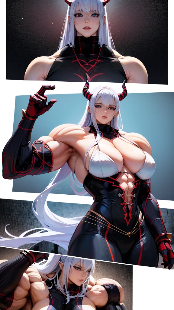 A drawing of a woman with horns and a demon's head, muscular and scary, muscular!!, anime monster girl, opal proportions, muscular girl, muscular!, powerful and huge, sww version, mika kurai demon, detailed manga style, a very beautiful berserker woman, muscular!! Sci-fi, ecchi anime style, ikki tousen, muscular! fancy, sleeve-style, Multiple Pages, multiple images of the same character,