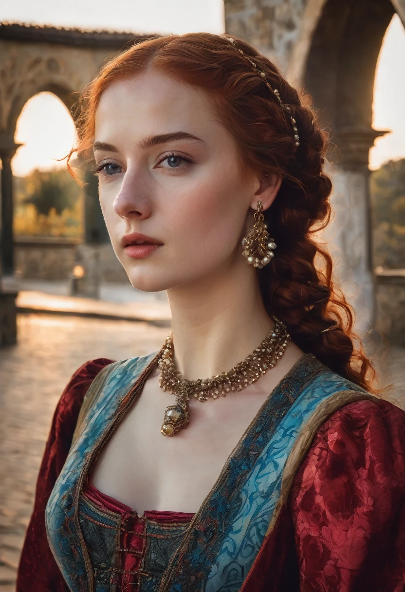young woman(23 years old). Bright red, Wavy hair, braided(in the manner of Lucrezia Borgia или на манер таргариенов), pearl earrings in the ears, necklace of pearls on the neck. Eyes sky blue. Брови рыжие и Light, very thin and curved. The skin is pale, she has freckles. Elongated face, oval shape. Dress in Renaissance or Middle Ages style, in the manner of Lucrezia Borgia. Mouth wide, and your lips are full. Брови very thin and curved, Light. одета в платье in the manner of Lucrezia Borgia. Realism style.